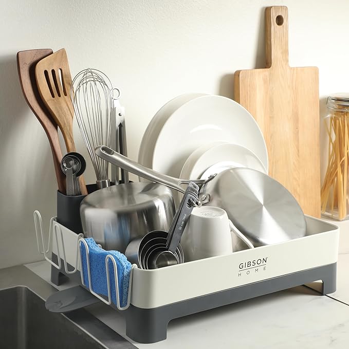 Gibson Home Nestcraft Full Size Rust Resistant Dish Rack with Drain Board and Flatware Caddy - White