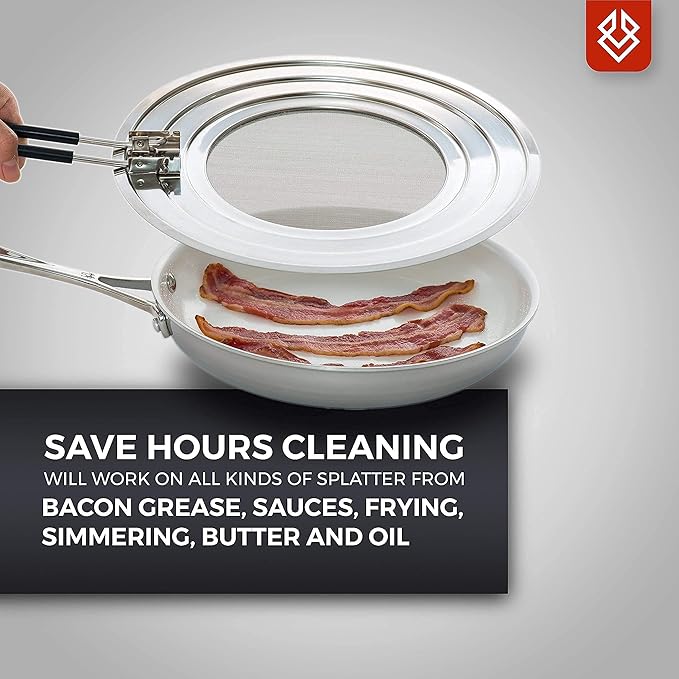 Dishwasher-Safe Splatter Screen Guard for Frying Pan Grease - Shields 99% of Stove Top from Bacon, Fry Oil, or Deep Fryer Splash - Easy Kitchen Storage Foldable Heat-Resistant Silicone Handle