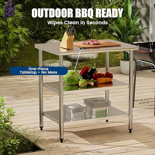 Stainless Steel Work Table 24 x 36 Inch with 2 Adjustable Undershelves, Heavy-Duty Metal Prep Table for Commercial Kitchen & Restaurant, Garage, Outdoor