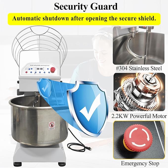 TECHTONGDA Commercial Dough Mixer Mixing Machine, 30QT Dough Kneading Machine with Timing Function, Spiral Stand Mixing Machine, Double Acting Double Speed, Baking Equipment for Restaurant Pizzeria