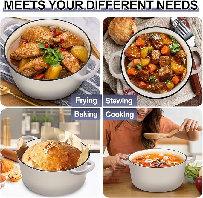 TeamFar Dutch Oven, 6QT Enameled Cast Iron Dutch Oven Cooking Pot with Lid & Dual Handles, for Bread Baking Braising Stewing, Heavy Duty & Non Stick, Oven & All Stovetops Safe - Khaki