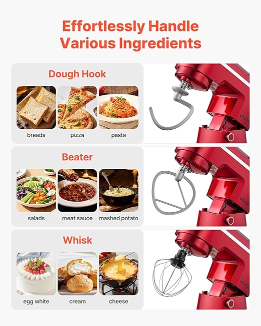 VEVOR Stand Mixer, 4.4 QT+6 QT Electric Kitchen Mixer, 300W Dough-Mixer, 10 Speeds Tilt-head Food-Mixer with Stainless Steel Bowls, Dough Hook, Whisk, Beater, for Baking, Mixing, Whipping & Kneading