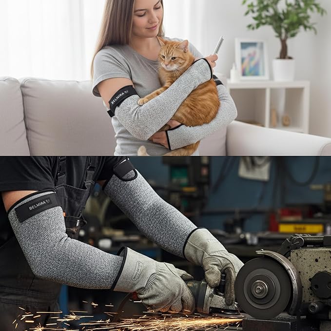 Belmira Cut Resistant Sleeves with Thumb Hole - ANSI A4 Arm Protectors for Thin Skin and bruising, Thorn Proof Gardening Sleeves for Men & Women With Adjustable Fit (1 Pair, 18", Grey)