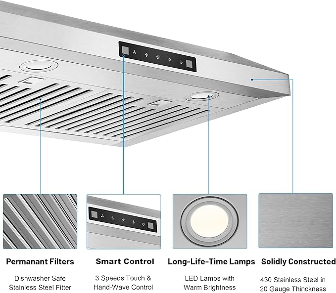 Range Hood 30 Inch Under Cabinet with 600CFM, Gesture Sensing & Touch Control Kitchen Vent Hood of Ductless/Ducted Vent with Stainless Steel Filters