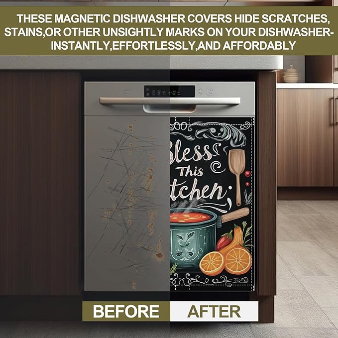 Magnetic Dishwasher Cover,Bless This Kithcen Reusable Dishwasher Magnetic Cover Decorative Door Covers Panel for Home Kitcen 23" x 26"