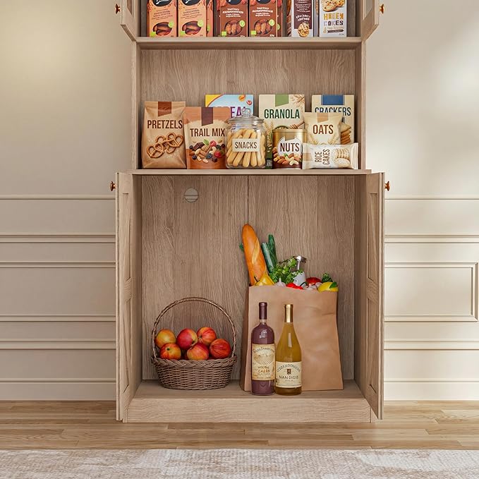 Vyre 71" Farmhouse Kitchen Pantry Cabinet Set of 4, Brown Freestanding Coffee Bar Hutch with Glass Doors & Adjustable Shelves, Large Storage Cabinet with Microwave Stand for Living Room & Kitchen