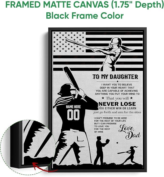 Custom Softball To My Daughter From Dad Sports Motivational Gift Personalized Name Number Poster & Framed Canvas, Wall Art Home Office Decoration Living Room Bedroom Aesthetic Decor