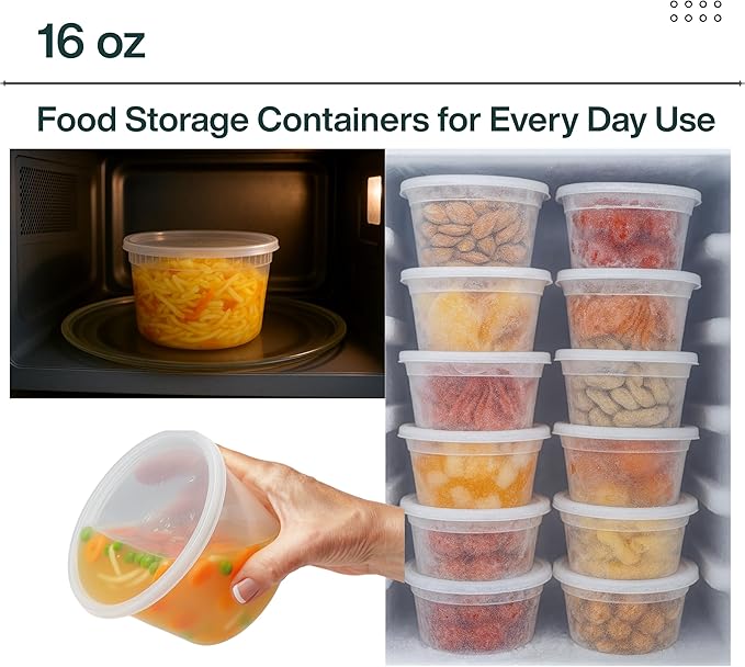 16oz [100 set] Heavy Duty Plastic Deli Container | BPA-Free Food Storage with Airtight Leak‑Proof Lids | Microwave, Freezer & Dishwasher Safe – Stackable, Bulk Reusable Soup & Meal Prep Tub