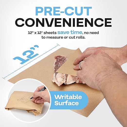 Brown Freezer Paper Sheets 12" x 12", Pack of 100 - USA-Made Paper Sheets for Long-Term Freezing of Meat & Fish - Freezer Pads for Quilting - Bakery Tissue Wraps for Food Storage by IDL Packaging
