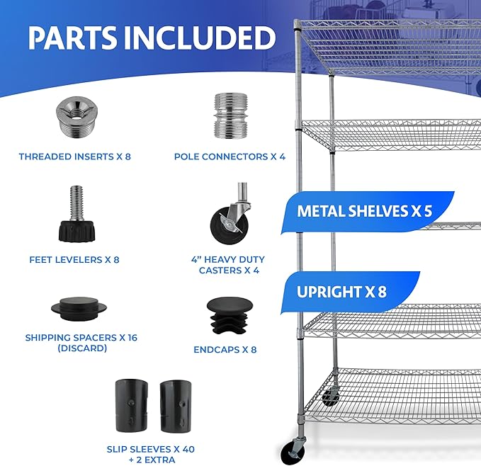 4000 LBS Heavy Duty Wire Rack, 48 x 24 x 76, 5-Tier NSF Commercial Rolling Rack with 4" Industrial Casters, Chrome Metal Wire Shelving for Garage, Kitchen, Adjustable Storage Shelf, Crescent