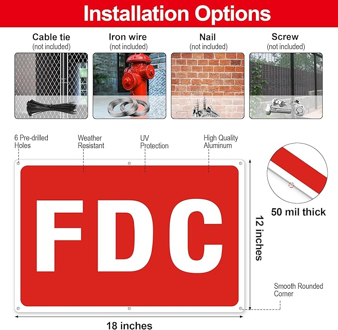 FDC Sign, 2 Pack FDC Signs Outdoor Aluminum Metal Sign, FDC Signs for Fire Department Connection, UV Protected Weather Resistant and Easy to Install (Size: 18x12 inches)