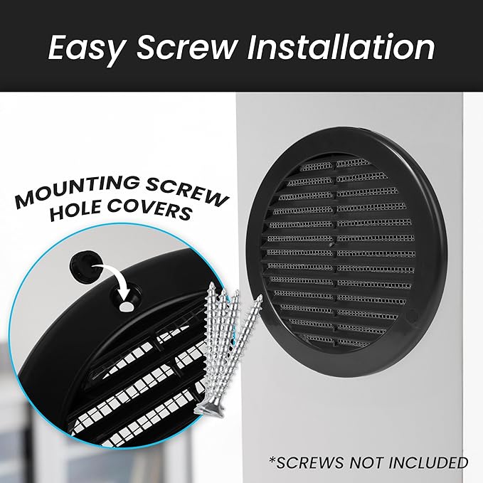 Repa Market 4 Inch (Opening) Black Round Air Vent Cover - Pack of 10 Plastic Fresh Air Intake Vent - AC Cover with Nylon Mesh Screen - Wall, Ceiling HVAC Return Air Register - Modern Soffit Vents