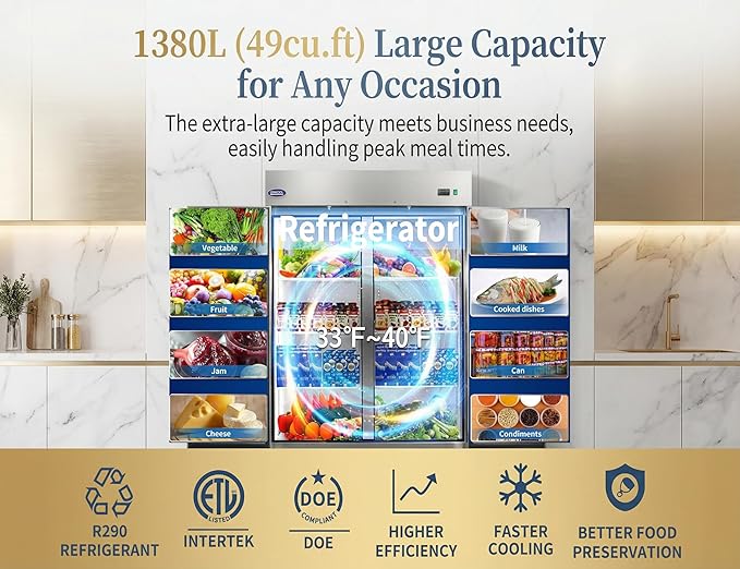 54" Commercial Refrigerator 49 Cu.ft with 2 Solid Door Reach-In Refrigerators Stainless Steel ETL Approved，for Restaurant Kitchen Home Bar Shop 33-40°F