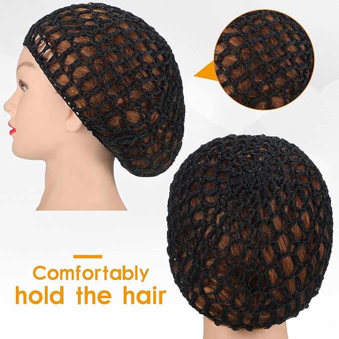 Geyoga 4 Pieces Mesh Crochet Hair Net Rayon Knit Snood Hat Thick Short Women Hairnet Snoods Cover Ornament for Sleeping (Black, Gray)