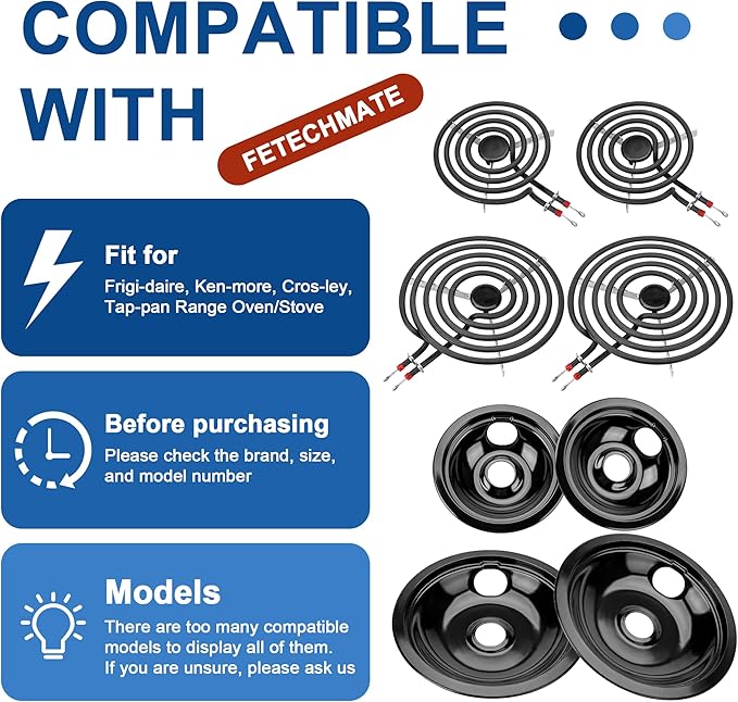 Electric Stove Burner Coil Elements MP15YA MP21YA and 5304430150 5304430149 Porcelain Black Drip Pans Replacement for ken-more fri-gidaire Electric Stove Burners for Electric Stove Top by Fetechmate