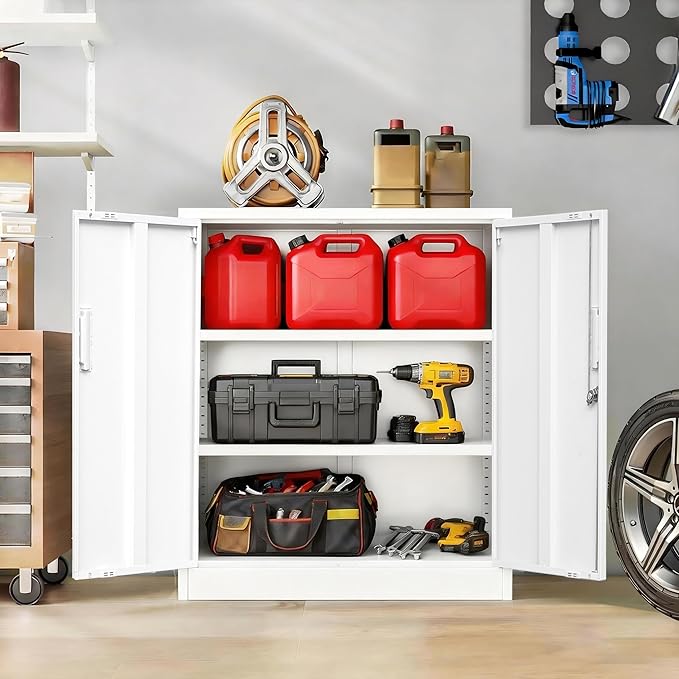 BESFUR Metal Storage Cabinets, Steel Locking Cabinet with 2 Shelves and Doors, White Garage Cabinet for Home Office, School, Garage, Utility Room, and Basement