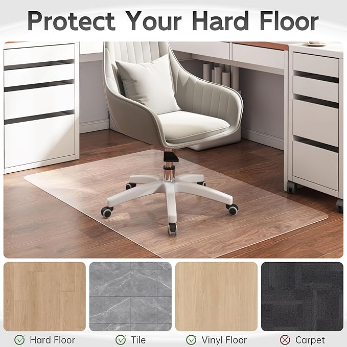 Office Chair Mat for Hardwood Floor, 55” x 35” Crystal Clear Hard Floor Chair Mat, Transparent Floor Protector Mat Flat Without Curling