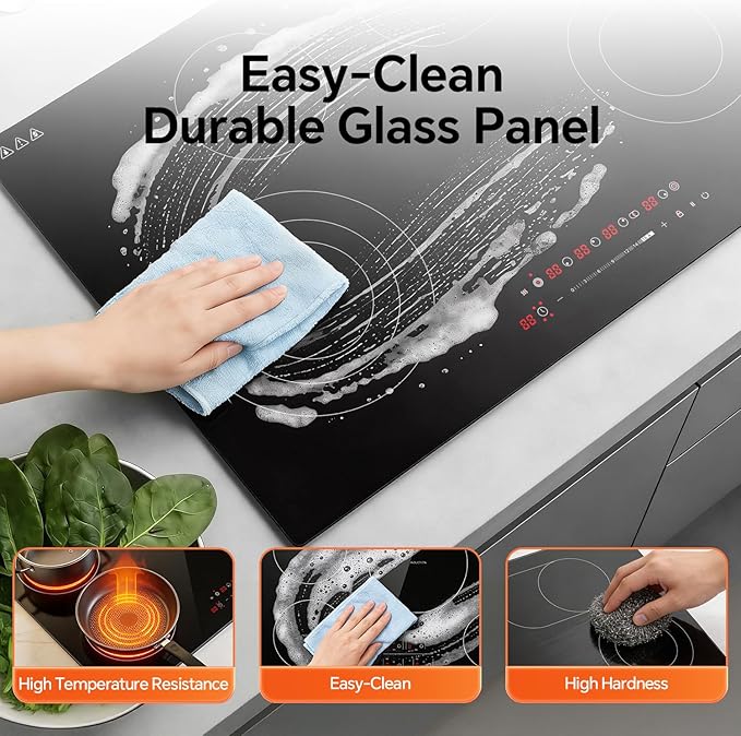 Ranein Electric Cooktop with 4 Burners, 30 inch 7900W 240V Ceramic Panel Electric Cooktop, Multiple Safety Protections Stove, Touch Screen