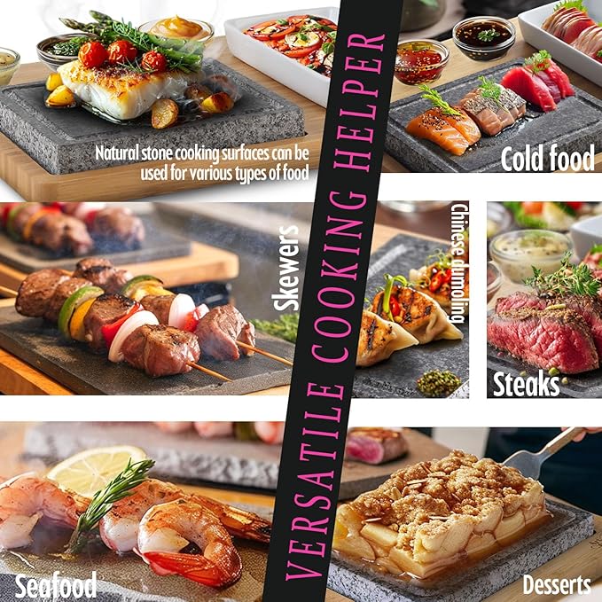 Artestia Hot Stone Steak Cooking Set – 2 Natural Granite Grill Stones + 1 Bamboo Tray +1 Salad Plate & 3 Sauce Bowls – Indoor/Outdoor BBQ Sizzling Steak & Seafood Grilling Gift