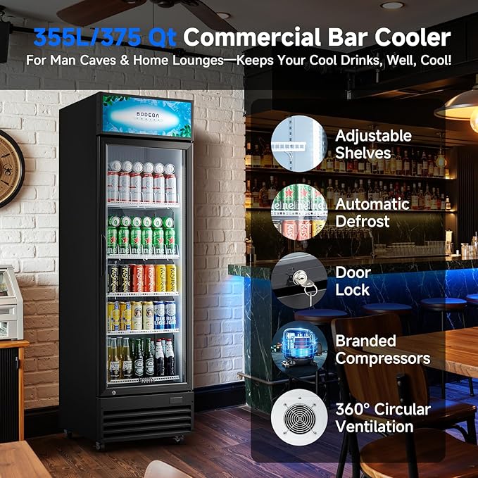 BODEGACOOLER Beverage Refrigerator, 355L/375 Qt Commercial Refrigerator For Kitchen, Home,Office and Garage, 420 Cans & 160 Bottles Display Refrigerator For Beer,Soda, Bar Cooler with Soft LED Light.