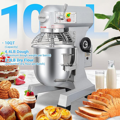 10Qt 500W Commercial Food Mixer, Commercial mixer 3-Speed Adjustable Heavy Duty Stand Mixer with Stainless Steel Bowl for Bakery Pizzeria.