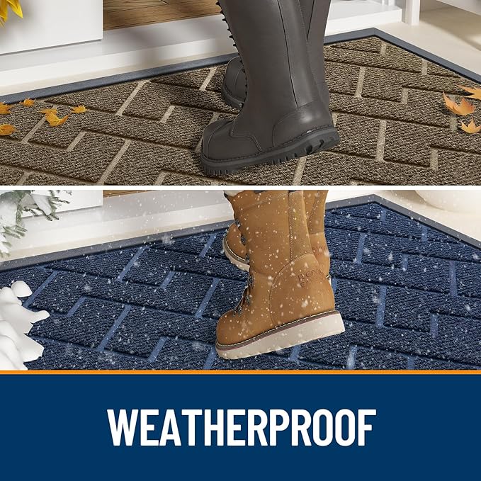OLANLY Front Door Mat Indoor Outdoor Entrance, Waterproof All-Season, All-Weather Doormat, Sturdy Natural Rubber, Low Profile, Easy Clean Patio Porch Entryway Mat, Herringbone Brick (Blue, 71x23)