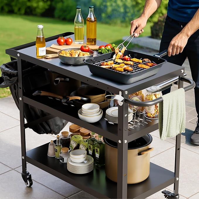 Xilingol Outdoor Grill Cart, Pizza Oven Stand Table with Wheels for Outside Patio, Heavy Duty Movable Outdoor Cooking Prep Table BBQ Cart for Backyard, Camping and Parties