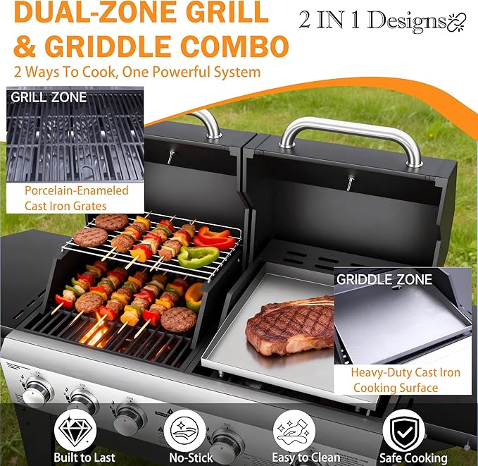 2 in 1 Gas Grill and Flat Top Griddle Combo 54,000 BTU Dual Cooking System, 5-Burner Grill Stove Stainless Steel Panel, Porcelain-Enameled Grate & Heavy-Duty Griddle for Outdoor Cooking