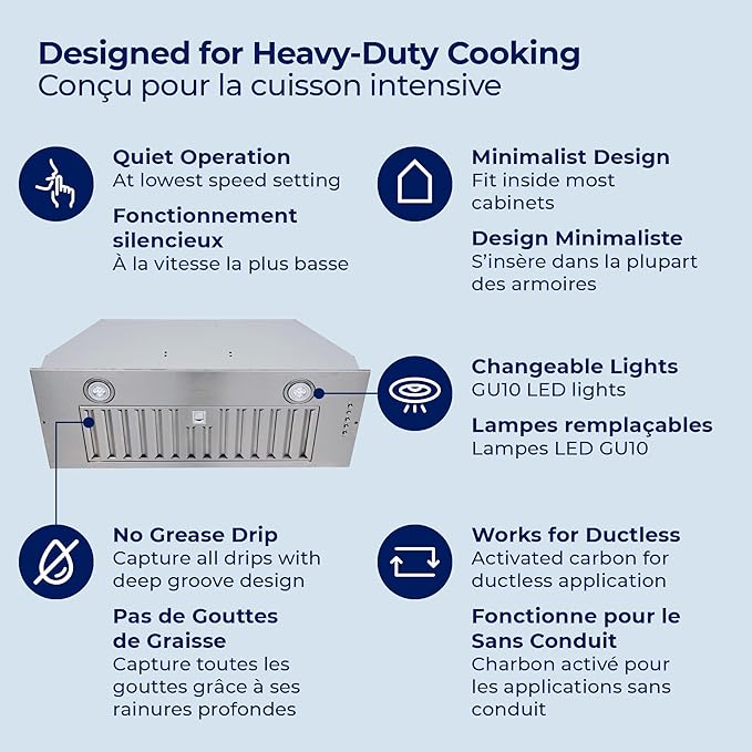 Hauslane Range Hood Insert 30 Inch, Hood Vent for Kitchen | Low Noise Performance, Professional-Grade Baffle Filters, LED Lamps, Stainless Steel Ductless Range Hood, Kitchen Vent Hood 11.25” Deep