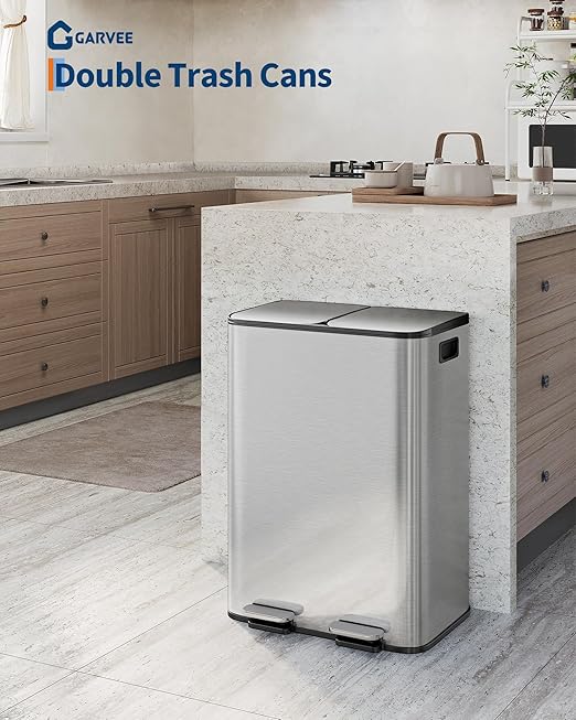 TrailBlaze 2 x 8 Gal (2 x 15 L) Kitchen Trash Can, Stainless Steel Dual Compartment Garbage Can with Soft-Close Lid, Recycling Bin, Step Waste Sorting Bin for Home, Office - Silver