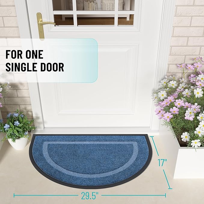 OLANLY Half Circle Door Mat Indoor Outdoor Entrance Welcome, Waterproof All-Season, All-Weather Doormat, Sturdy Natural Rubber, Low Profile, Easy Clean Patio Porch Entryway Mat, 29.5x17, Light Blue