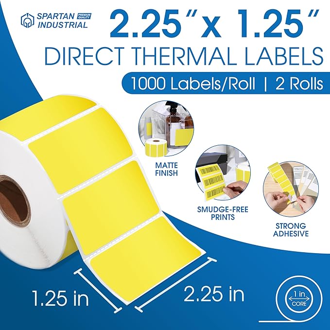Spartan Industrial - 2.25" X 1.25" Direct Thermal Yellow Labels (2 Rolls, 1000/Roll) Perforated Barcode Address Stickers - Compatible with Rollo, Zebra, MUNBYN Desktop Printers