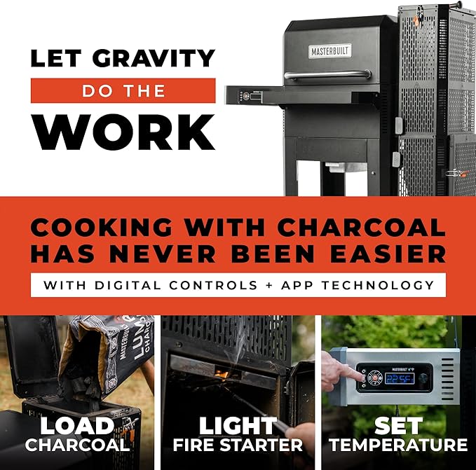 Masterbuilt® Gravity Series® 600 Digital Charcoal Grill and Smoker,WiFi Technology, GravityFed™ Charcoal Hopper, 600 Cooking Sq. Inches, Reversible Smoke&Sear Cast Iron Grates, Black, Model MB20041023