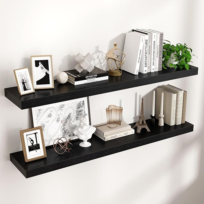 Floating Shelves for Wall 48"W x 9"D x 1.5"H, Long Engineered Wood Wall Shelves with Invisible Brackets for Living Room Bedroom Bathroom Office Kitchen Decor and Storage, Black Finish, Set of 2