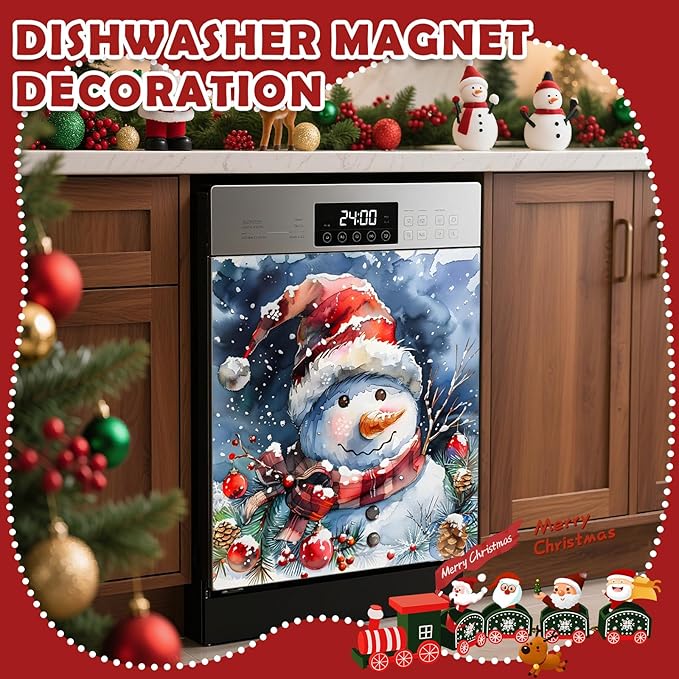 Christmas Snowman Dishwasher Magnet Cover, 23" W x 26" H Fridge Magnetic Stickers Reuseable Magnet Panel Decal Cover for Washing Machine Fridge Microwave Cabinet Kitchen Christmas Decoration