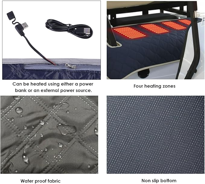 Heated Golf Cart Seat Cover, 51.97x31.50in Winter Golf Cart Seat Warmer Towel Blanket for 2 Person Seats Clubs Car Golf Cart Accessories, USB Type C 4 Zone Heating Washable