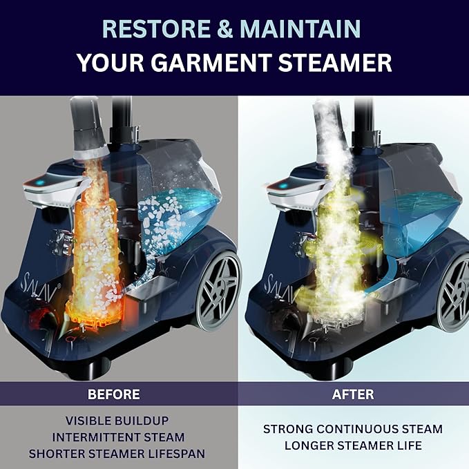 SALAV Garment Steamer Descaling Solution Decalcifier Packets for Mineral Deposits and Build-up Removal, Maintenance for Clothes, Works with all Garment Steamer Brands, Cleans Build Up, 3 packs