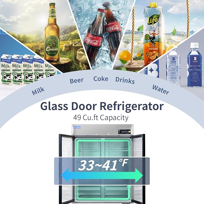 ICECASA 54" W Commercial Display Refrigerator 2 Glass Door Merchandiser Reach-in 49 Cu.ft Stainless Steel Display Refrigerator Fan Cooling for Restuarant, Bar, Shop, etc