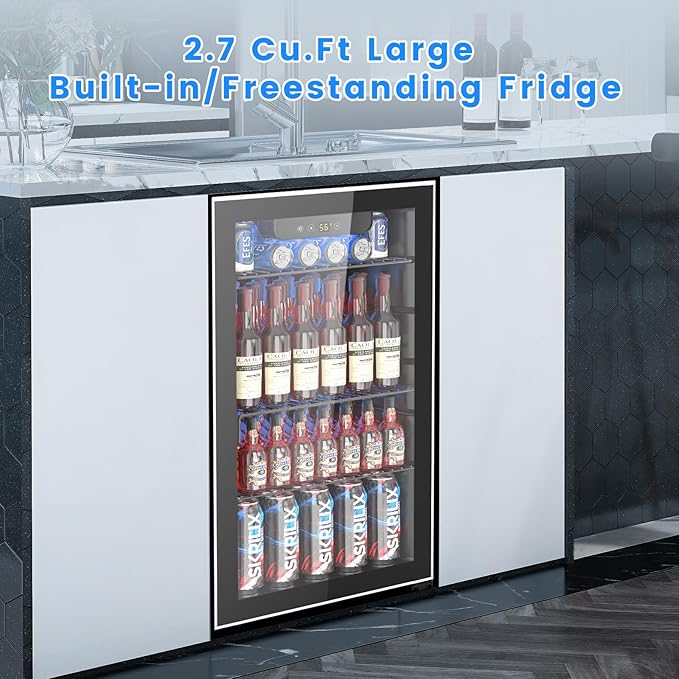 95 Cans Beverage Refrigerator, 26 Bottle Mini Fridge, 2.7 cu.ft Drink Fridge Digital Temperature Control for Bottled Beer, Soda,Water