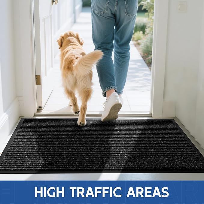 Front Door Mat, 5' x 3' Heavy Duty Indoor Outdoor Door Mat Entrance, Commercial Welcome Mats, Stain and Fade Resistant, Durable Rubber Backing, Low Profile Entry Mat for Patio, Black Stripe