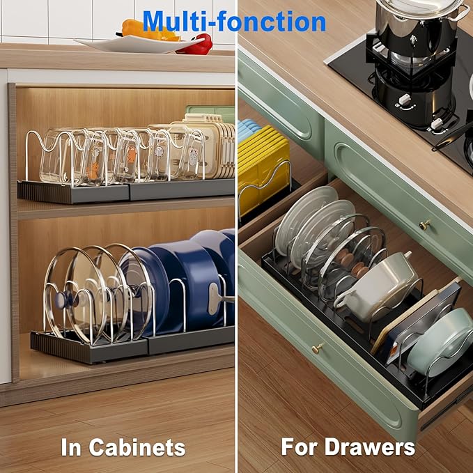 Pots and Pans Organizer Under Cabinet, 22" Expandable Food Storage Container Lid Organizers with 9 Adjustable Dividers Pot and Pan Lid Holders Rack Inside Cabinet/Countertop(1 Pack, Black)