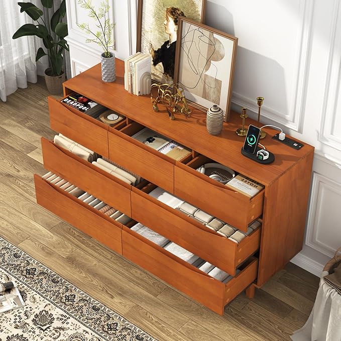 55”Solid Wood Drawers Dresser with Power Outlets, 7 Drawer Dresser for Bedroom, Mid Century Modern Vintage Large Chest of Dresser for Hallway, Entryway,Cutout Handle, Storage Essentials, Caramel