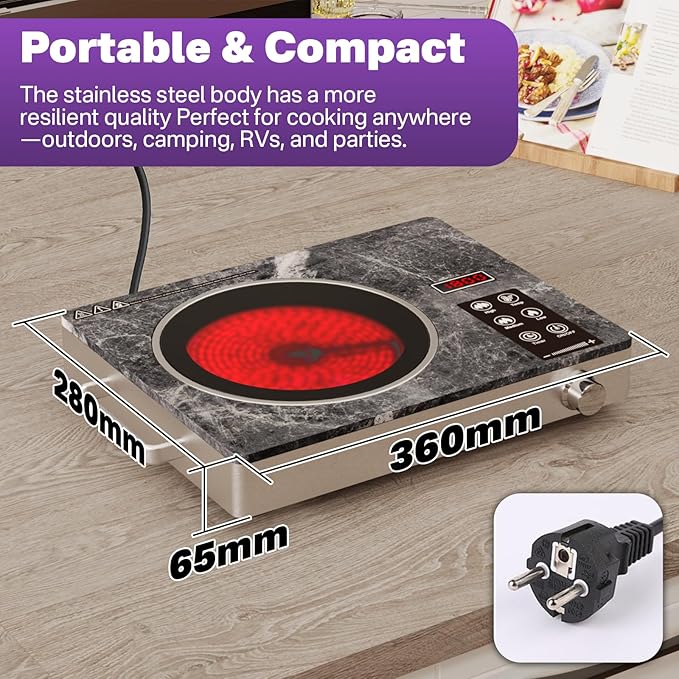 Portable Electric Stove 1800W, Single Burner Ceramic Hot Plate with Touch & Knob Control, Marble Glass Cooktop with Handles, Plug-in Infrared Cooktop for All Cookware