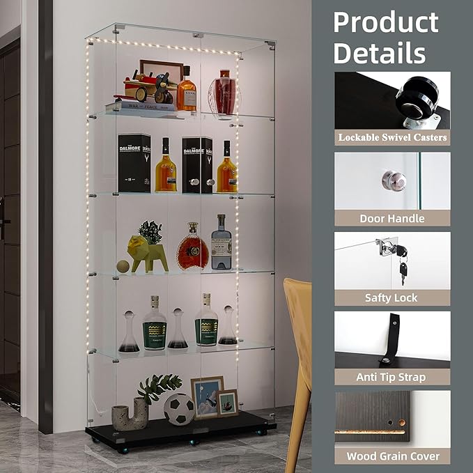 Glass Display Cabinet with LED Light Strip, 5 Shelves with 2 Doors, Glass Top Curio Storage Cabinets with Lock & Caster for Living Room,Floor Standing Bookshelf, Quick Installation - Black