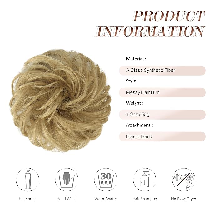 FESHFEN Messy Bun Hair Pieces - Large Wavy Curly Elastic Hair Bun Scrunchies Ponytail Extensions Synthetic Chignon Hairpieces for Women, Golden Blonde 1.94oz