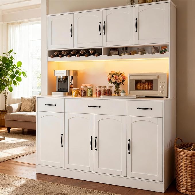 72" Tall Kitchen Pantry Cabinet with Charging Station 55" Wide Kitchen Hutch Cabinet with LED Light and Countertop Large Kitchen Pantry Storage Cabinet With Adjustable Shelves and Wine Rack