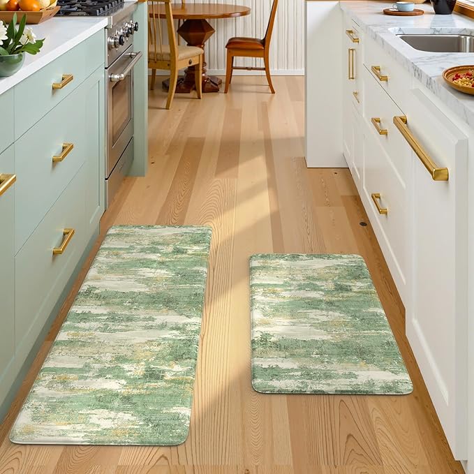 Collive Kitchen Mats Cushioned Anti Fatigue, Modern Abstract Non Slip Kitchen Floor Mat Waterproof Green Sink Rug 2 Piece, Comfort Desk Standing Rugs for Bedroom, Office, Laundry, 17"x29"+17"x47"