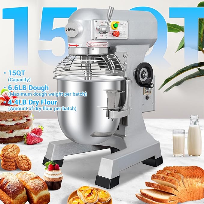 Commercial Food Mixer 15 Qt with 3-Speed Adjustment, 600W Commercial Mixer with Timer, Heavy Duty. Commercial Dough Mixer with Stainless Steel Bowl, Suitable for Bakeries and Pizzerias