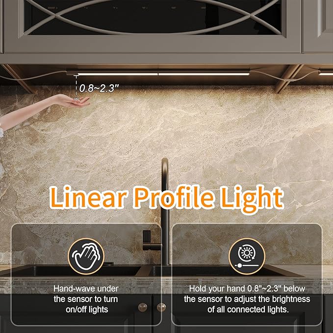 LUMILAND 3 Pcs 12-inch Led Under Cabinet Lighting Plug-in with Hand Wave, Dimmable 6000K Cold White Under Counter Lights Linkable with Memory Function for Kitchen