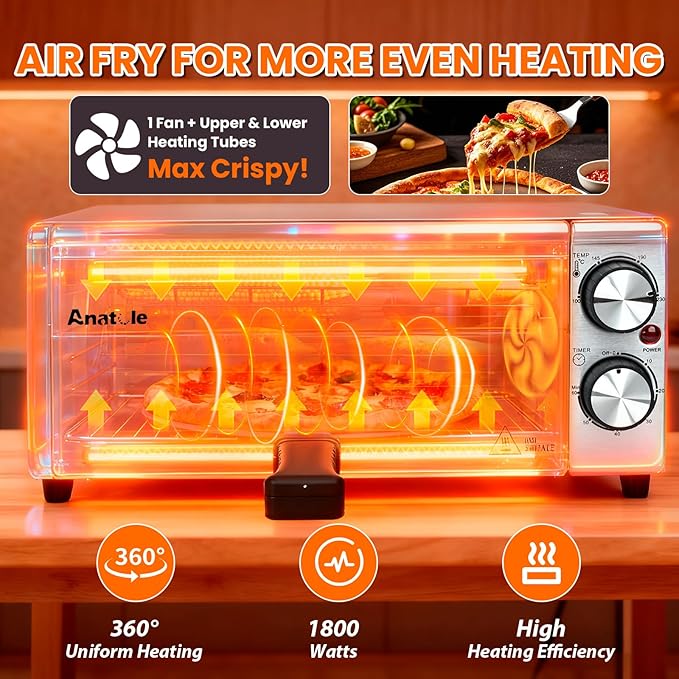 Anatole Electric Pizza Oven Indoor Air Fryer 12" 1800W Stainless Steel Countertop Pizza Maker Convection Cooker Time Temperature Adjustable with Removable Crumb Tray ETL Certified
